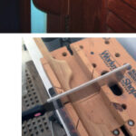 Rob made his combination handhold and hook from an old length of handrail, top left. With the help of a miter box, Rob cut off the end loop a few inches into the next loop, leaving a handhold and a prong, middle left. He rounded off the end with an edge trimmer he uses on his router, which is small and easy to transport and hold, at left.