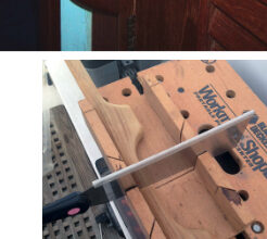 Rob made his combination handhold and hook from an old length of handrail, top left. With the help of a miter box, Rob cut off the end loop a few inches into the next loop, leaving a handhold and a prong, middle left. He rounded off the end with an edge trimmer he uses on his router, which is small and easy to transport and hold, at left.
