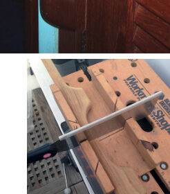 Rob made his combination handhold and hook from an old length of handrail, top left. With the help of a miter box, Rob cut off the end loop a few inches into the next loop, leaving a handhold and a prong, middle left. He rounded off the end with an edge trimmer he uses on his router, which is small and easy to transport and hold, at left.