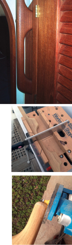 Rob made his combination handhold and hook from an old length of handrail, top left. With the help of a miter box, Rob cut off the end loop a few inches into the next loop, leaving a handhold and a prong, middle left. He rounded off the end with an edge trimmer he uses on his router, which is small and easy to transport and hold, at left.