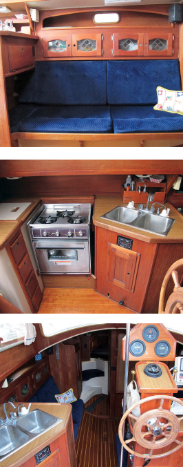 An extension under the galley counter makes the port settee in the saloon a full-length berth, top right. The backrest folds up to make a child’s berth above the settee. The galley is in the pilothouse, center right, and although compact, has everything a sea cook needs. The view from the pilothouse, bottom right, reveals the molded seat in the forward stateroom.