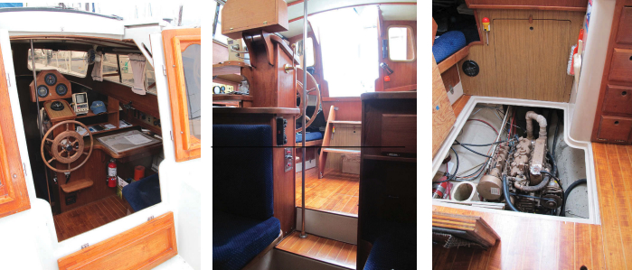 The wide companionway, at left, is closed by two doors and is protected by a sill and a hinged flap that closes it up to cockpit-seat level. The boat’s interior is well lit by the pilothouse windows and entrance, center. Access to the engine below the pilothouse sole is very good, at right.