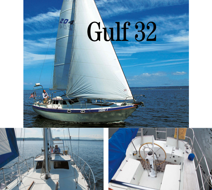 Jack and Barbara Bryce sail their Gulf 32, Sabine F, at top, in the Pacific Northwest. With its low-profile pilothouse and flush deck, the boat looks surprisingly sleek for a motorsailer. The deck forward of the pilothouse is clean and workmanlike, at left, and the wide sidedecks provide a safe walkway between the liferails (yes, rails!) and house. The comfortable T-shaped cockpit, at right, has lots of lockers for storing boat gear.