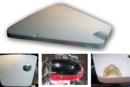 When Graham fitted an under-deck windlass, he modified the hatch, top of page. The toe-busting navel pipe, at left, had to go. He made a male mold for the new pipe, above, and took a female mold off it, at right, that he laid glass into after cutting a hole in the hatch.