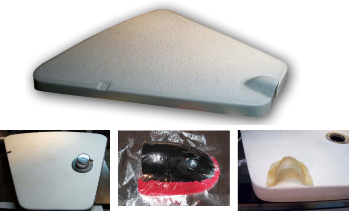 When Graham fitted an under-deck windlass, he modified the hatch, top of page. The toe-busting navel pipe, at left, had to go. He made a male mold for the new pipe, above, and took a female mold off it, at right, that he laid glass into after cutting a hole in the hatch.