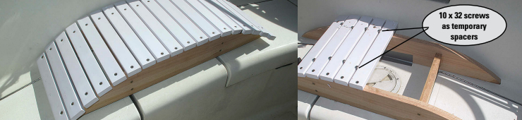 Jim envied the helm seat “bumps” he’d seen on other boats. All he needed to make his own was some oak, vinyl house trim, and screws.