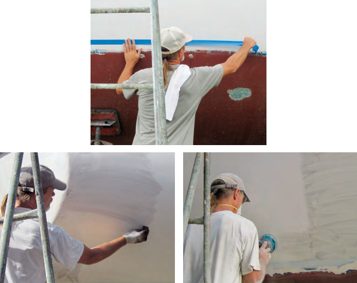 Chris taped carefully to ensure an even boot stripe, at left. The guide coat was easy to apply and dried quickly, below left. Sanding off the guide coat, below right, ensured that spots — like brush marks and sags in the primer that would stand out after topcoating — were flattened.