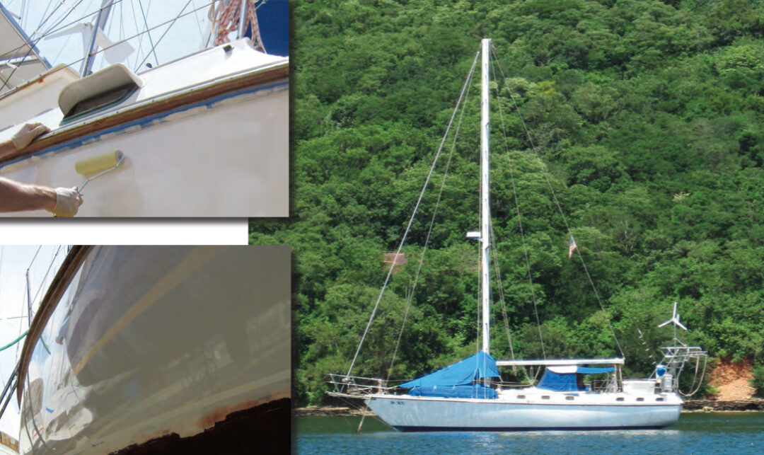 A year after the Awlgrip treatment, Mr. Mac’s topsides reflect the water in the anchorage at Chacachacare, Trinidad, above. From prep and priming, top left, to the finished topcoat reflecting the next-door boat, lower left, the job took Anne and Chris two weeks.
