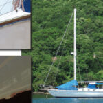 A year after the Awlgrip treatment, Mr. Mac’s topsides reflect the water in the anchorage at Chacachacare, Trinidad, above. From prep and priming, top left, to the finished topcoat reflecting the next-door boat, lower left, the job took Anne and Chris two weeks.