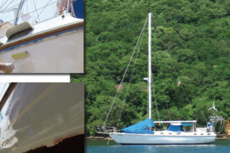 A year after the Awlgrip treatment, Mr. Mac’s topsides reflect the water in the anchorage at Chacachacare, Trinidad, above. From prep and priming, top left, to the finished topcoat reflecting the next-door boat, lower left, the job took Anne and Chris two weeks.