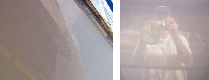 A close-up view of newly applied paint, at left, shows the most recently applied section (at the right of the picture) with air bubbles and the section painted right before that (at the left of the picture) in which the bubbles have already flattened out. The result: a mirror shine, at right.