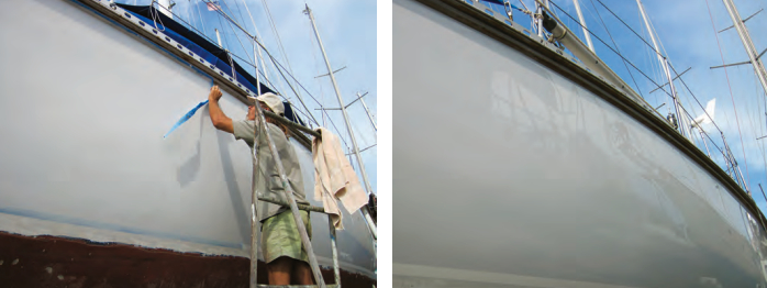 Chris used a straight-edge razor blade to pry up a corner of the masking tape, at left, then carefully removed the tape. By investing their own time and labor, Chris and Anne gave Mr. Mac a gleaming hull, at right, for a fraction of the time and cost of a professional spray job.