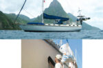 Mr. Mac’s topsides show their gleam six months after painting, at left. Before painting, after washing the hull with acetone, Chris wiped it down with a black T-shirt to ensure that no dust particles remained, below.