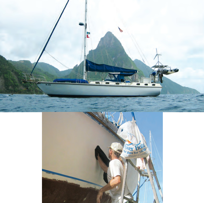 Mr. Mac’s topsides show their gleam six months after painting, at left. Before painting, after washing the hull with acetone, Chris wiped it down with a black T-shirt to ensure that no dust particles remained, below.