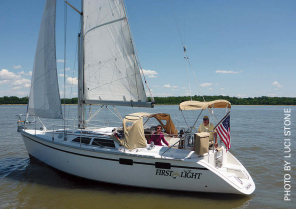 In a light-air moment on the Gunpowder River, First Light’s cockpit canvas is “shortened down” for the best view.