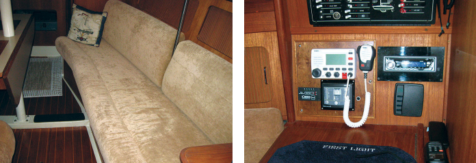 Sumptuous 6-inch cushions topped with Ultrasuede ensure comfort, at left. First Light’s nav station is uncluttered and functional, at right.