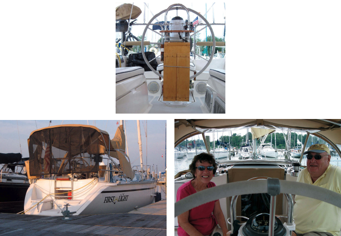 Bob has not surrounded the binnacle with navigation instruments, above center, preferring an unobstructed view forward. Stern curtains made of screen material cut down the light from a low sun, above left, so Barb and Bob can enjoy the cozy cockpit on summer evenings, at right.
