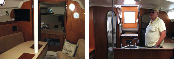 Earthtones complement the teak bulkheads and trim in the saloon, at left. Bob is at home in the galley, at right, where he has plenty of headroom.
