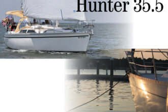 Bob and Barbara Pulyer sail First Light, at top, on Chesapeake Bay. Early morning light hints at a promising day of sailing, above.