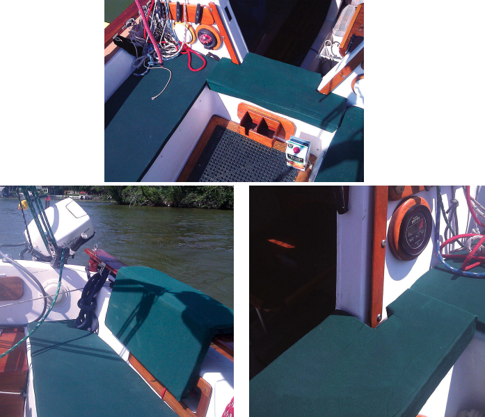 After the dinghy cushion worked out so well, Henry was inspired to make cockpit cushions using the same contact-cement method.