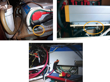 Water lines close to an inverter, above left, could leak onto it. Also, the ground wire to the case is undersized. A properly sized case ground, above right, will safely carry a DC fault. Wire nuts and Romex (white cable) should never be used on a boat, below. In this installation, the bulky connections are exposed. The wiring connections should be inside the inverter and protected by the cover plate.