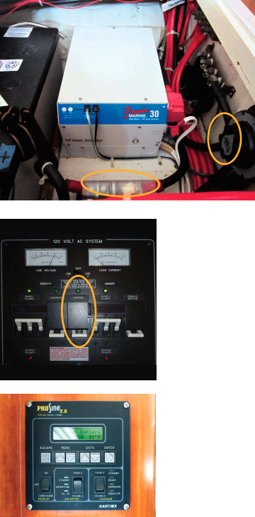 A properly installed inverter, at top, is wired with a fuse (in the foreground) and a disconnect switch (to the right). The inverter transfer switch on this panel, center, allows the full load of both shore legs — as much as 60 amps — to be placed on the inverter, a load that far exceeds the inverter’s capacity. The control panel for an inverter, above, should be located near the main panel.