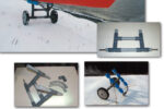 The frame for the kayak cart is assembled from electrical conduit connected with tees, top two photos. Sundry pieces of hose serve as a bushing for the axle and the 90-degree conduit elbows form the parking leg. Ben ties the kayak securely to the cart and is ready to roll.