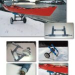 The frame for the kayak cart is assembled from electrical conduit connected with tees, top two photos. Sundry pieces of hose serve as a bushing for the axle and the 90-degree conduit elbows form the parking leg. Ben ties the kayak securely to the cart and is ready to roll.