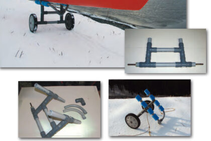 The frame for the kayak cart is assembled from electrical conduit connected with tees, top two photos. Sundry pieces of hose serve as a bushing for the axle and the 90-degree conduit elbows form the parking leg. Ben ties the kayak securely to the cart and is ready to roll.