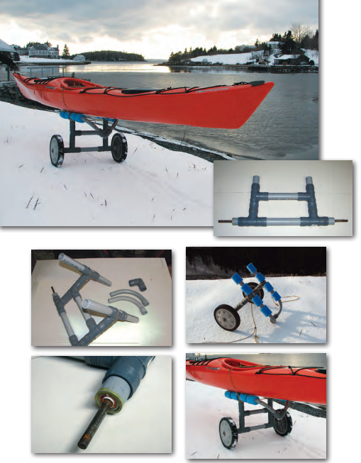 The frame for the kayak cart is assembled from electrical conduit connected with tees, top two photos. Sundry pieces of hose serve as a bushing for the axle and the 90-degree conduit elbows form the parking leg. Ben ties the kayak securely to the cart and is ready to roll.