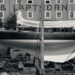 The 1939 John Alden-designed CCA racer, White Wings, top of page, shows the “classic” lines dating from Britannia of the 1890s. The pronounced “drag” to the keel on the 6-Metre Merenneito, seen here hauled at City Island, New York, in 1928, above left, is a result of the use of girth measurements in the International Rule.