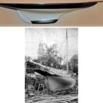 By 1896, keels were becoming clearly distinct from hulls, as on the Fife-designed Canada, top of page The slight bulb form of the ballast was also quite common. G.L. Watson is believed to have pioneered the use of integrated external ballast. In his early cutter Verve I, above, seen at Port Dalhousie on Lake Ontario in 1877, the outline of her lead ballast, which was integrated into her keel timbers, is clearly visible. The recast ballast from Verve I, along with a lot of her hardware, was used in the building of the Fife-designed Seawanhaka-Rule cutter Zelma in Toronto in 1892.