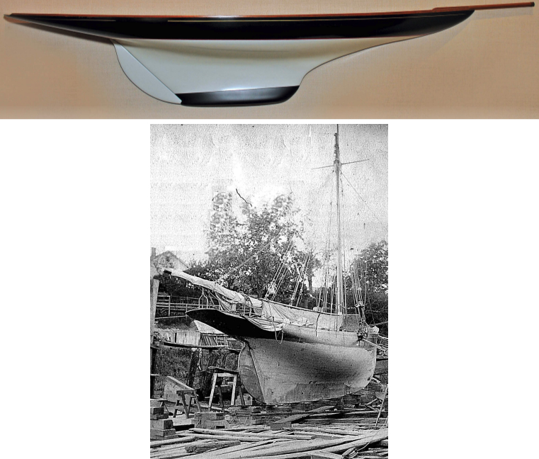 By 1896, keels were becoming clearly distinct from hulls, as on the Fife-designed Canada, top of page The slight bulb form of the ballast was also quite common. G.L. Watson is believed to have pioneered the use of integrated external ballast. In his early cutter Verve I, above, seen at Port Dalhousie on Lake Ontario in 1877, the outline of her lead ballast, which was integrated into her keel timbers, is clearly visible. The recast ballast from Verve I, along with a lot of her hardware, was used in the building of the Fife-designed Seawanhaka-Rule cutter Zelma in Toronto in 1892.