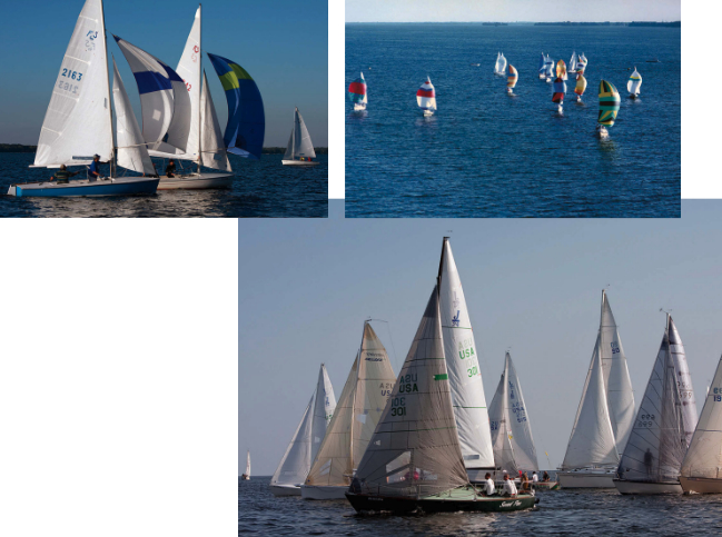 The Neenah-Nodaway Yacht Club, formed by the merging of the Neenah Yacht Club and the the Nodaway Yacht Club in 1905, is a haven for active sailors on Wisconsin’s Lake Winnebago. Today, it has fleets of Flying Scots, at top, Lasers, and keelboats. Tuesday-night racing has long been popular and draws a variety of boats, upper and lower right.