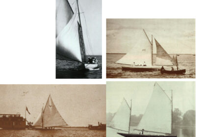 In the early days of the Neenah Yacht Club, members raced sandbaggers, top two photos, a class that evolved from the oyster boats of New Jersey. The races drew large numbers of spectators, many of them aboard steamboats, at left. Sandbaggers were a “development” class, and building new boats to stay competitive was expensive. To reduce the cost of sailing, a group formed the Nodaway Yacht Club and sailed “one-design” boats, the first of which was the Nodaway Class cat yawl, above, introduced in 1894.