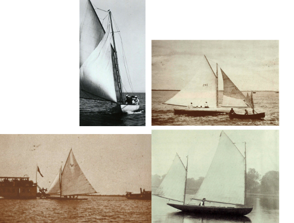 In the early days of the Neenah Yacht Club, members raced sandbaggers, top two photos, a class that evolved from the oyster boats of New Jersey. The races drew large numbers of spectators, many of them aboard steamboats, at left. Sandbaggers were a “development” class, and building new boats to stay competitive was expensive. To reduce the cost of sailing, a group formed the Nodaway Yacht Club and sailed “one-design” boats, the first of which was the Nodaway Class cat yawl, above, introduced in 1894.