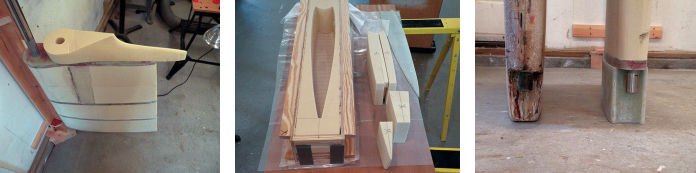 Stephen made the rather complicated shape at the top of the rudder as a separate piece, at left. He made a mold for the foot, which he decided could be sacrificial, center. He set the old and new rudders side by side while checking the new foot for fit, at right.
