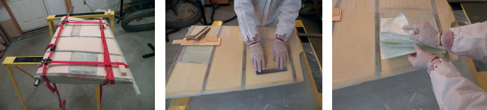 After gluing the foam shapes into the frame, Stephen epoxied the top and trailing-edge spine in place and held everything with band clamps, at left. He sanded the foam a little below the level of the fiberglass frames, center, and built it back up with fiberglass cloth and epoxy, at right.
