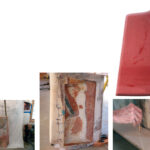 After Stephen stripped the paint off the rudder, he discovered extensive delamination, at left. He laid out the dimensions for the new rudder stock on the old rudder, center, and scribed templates to check the rudder’s shape, at right. The new rudder eventually took its place, at top.