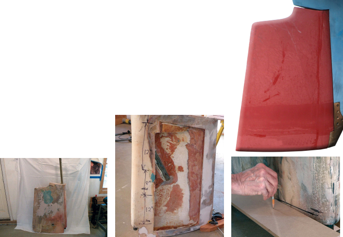 After Stephen stripped the paint off the rudder, he discovered extensive delamination, at left. He laid out the dimensions for the new rudder stock on the old rudder, center, and scribed templates to check the rudder’s shape, at right. The new rudder eventually took its place, at top.