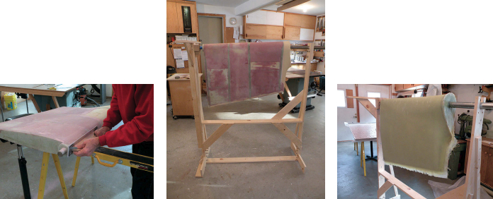 Stephen did the final shaping with sanding blocks and a longboard, at left. For fiberglassing, he supported the rudder on a specially built rack that allowed him to fix it in different positions, center. He trimmed the excess fiberglass after the resin had cured, at right.