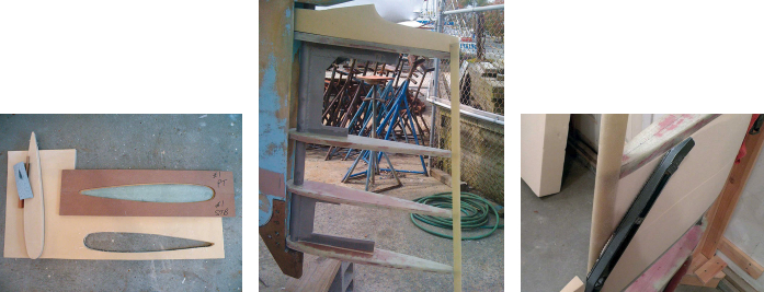 Stephen made a foam mold for each of the four frames, at left. After attaching and aligning the fiberglass frames to the rudder post, he made a trial fit on the boat, center. He fitted rigid polyurethane foam between the frames and shaped it with saws, rasps, and a surform tool, at right.