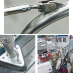 A bent toggle bolt, at top, will prevent the lifeline from being tightened and is a potential point of failure. Any damaged hardware item, such as this broken stanchion mounting bolt, at left, should be replaced immediately. Stern rails are often burdened with solar panels, outboard engines, wind generators, davits, barbecues, and man-overboard poles that make inspecting them difficult and add stress to the lifeline system, at right.