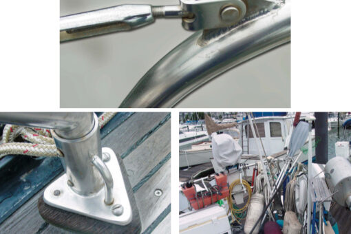 A bent toggle bolt, at top, will prevent the lifeline from being tightened and is a potential point of failure. Any damaged hardware item, such as this broken stanchion mounting bolt, at left, should be replaced immediately. Stern rails are often burdened with solar panels, outboard engines, wind generators, davits, barbecues, and man-overboard poles that make inspecting them difficult and add stress to the lifeline system, at right.