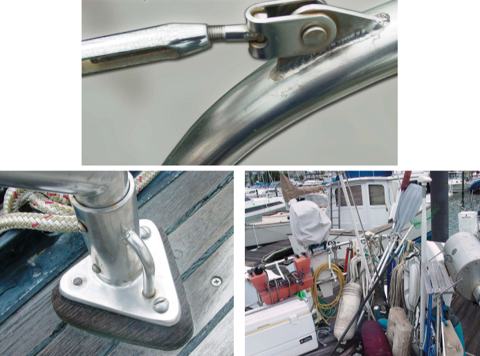 A bent toggle bolt, at top, will prevent the lifeline from being tightened and is a potential point of failure. Any damaged hardware item, such as this broken stanchion mounting bolt, at left, should be replaced immediately. Stern rails are often burdened with solar panels, outboard engines, wind generators, davits, barbecues, and man-overboard poles that make inspecting them difficult and add stress to the lifeline system, at right.