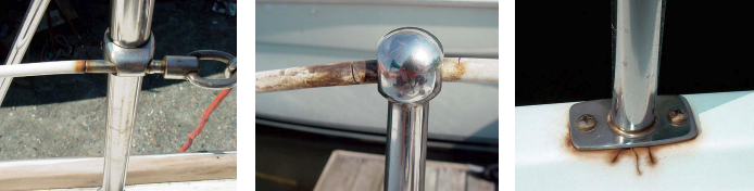 Even when a vinyl coating is undamaged, water can wick between it and the terminal fitting and penetrate the wire, at left . A vinyl coating can crack due to age, especially at a stress point, such as this stanchion, at center, allowing moisture to enter and corrosion to begin. The “running rust” stain extending from beneath this stanchion base, at right is a sure sign the mounting hardware (or the stanchion itself) is corroding. It might also indicate that water has penetrated the deck laminate. The stress cracks in the gelcoat are another sign of trouble.