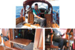 Ellen is ready to stand her watch from the comfort of the Maestro seat while sheltered under the dodger, top of page. On Entr’acte, the supporting hatchboard is StarBoard and the seat is plywood, at left. Proper foot support is essential for the watchstander’s long-term comfort, at right.