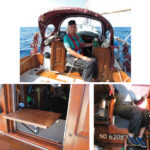 Ellen is ready to stand her watch from the comfort of the Maestro seat while sheltered under the dodger, top of page. On Entr’acte, the supporting hatchboard is StarBoard and the seat is plywood, at left. Proper foot support is essential for the watchstander’s long-term comfort, at right.