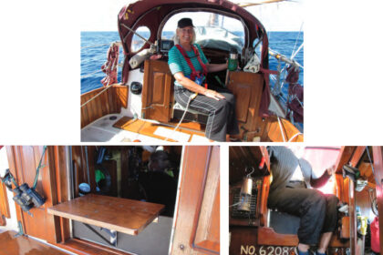 Ellen is ready to stand her watch from the comfort of the Maestro seat while sheltered under the dodger, top of page. On Entr’acte, the supporting hatchboard is StarBoard and the seat is plywood, at left. Proper foot support is essential for the watchstander’s long-term comfort, at right.