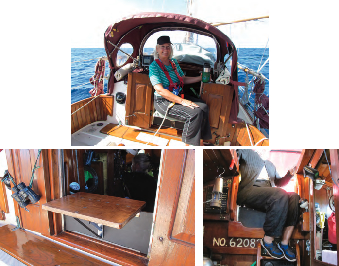 Ellen is ready to stand her watch from the comfort of the Maestro seat while sheltered under the dodger, top of page. On Entr’acte, the supporting hatchboard is StarBoard and the seat is plywood, at left. Proper foot support is essential for the watchstander’s long-term comfort, at right.